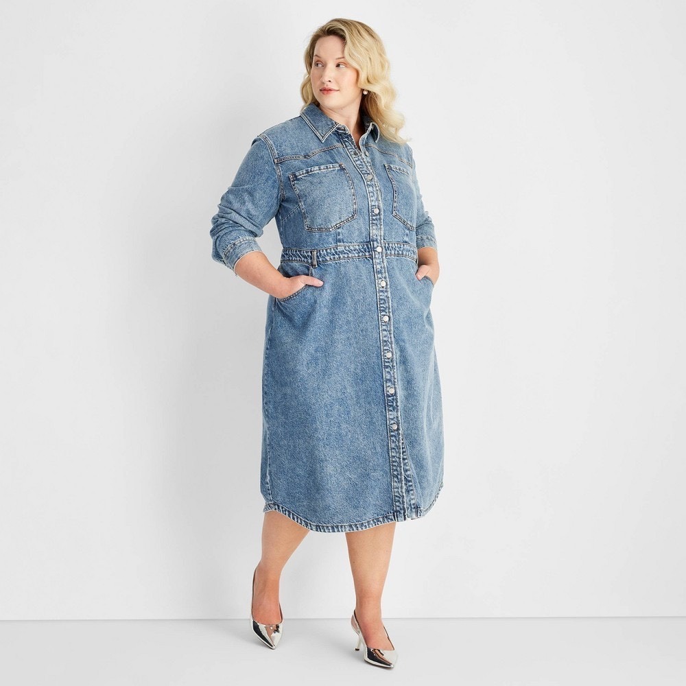Universal Thread Womens Denim Midi Dress Blue Button Front Medium Wash
